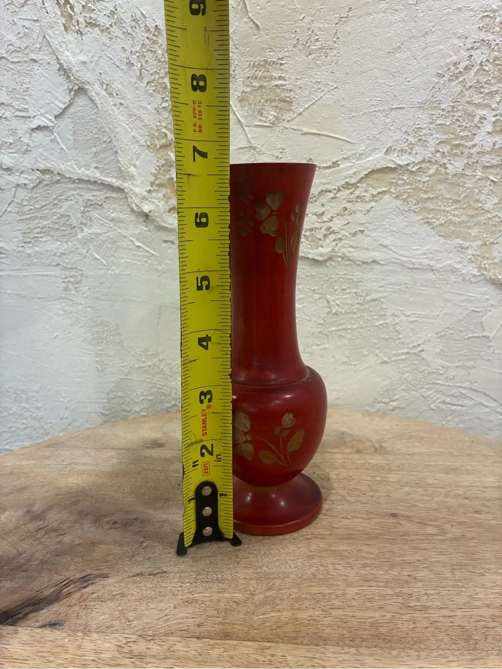 Vintage Red Decorative Floral Wooden Vase Etched Hand Turned